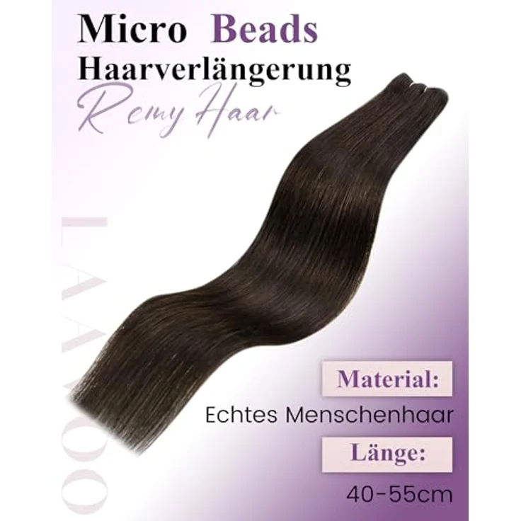 LaaVoo Echthaar Tressen Extensions mit Micro Rings, 12 Zoll Breit, EZE Weft, glatt, #2, 50g, 45cm – Bild 5