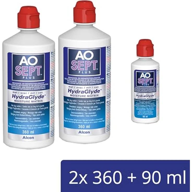 Aosept Plus mit HydraGlyde Kontaktlinsen-Pflegemittel, 2 x 360 ml + 1 x 90 ml, für sichere Desinfektion und langanhaltende Feuchtigkeit – Bild 2