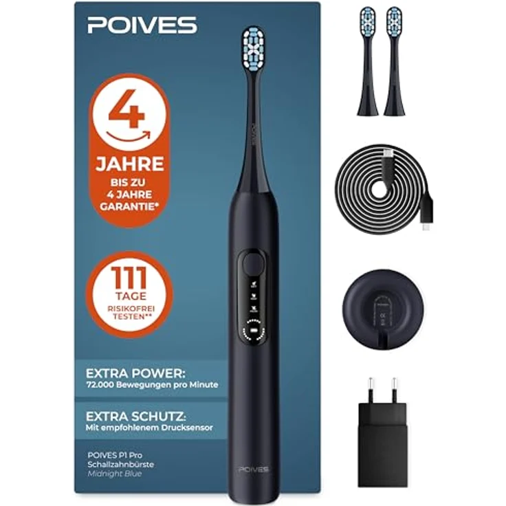 POIVES Schallzahnbürste POIVES P1 Pro, elektrische Zahnbürste mit Drucksensor, 72.000 Bewegungen, 4 Jahre Garantie, Midnight Blue – Bild 1
