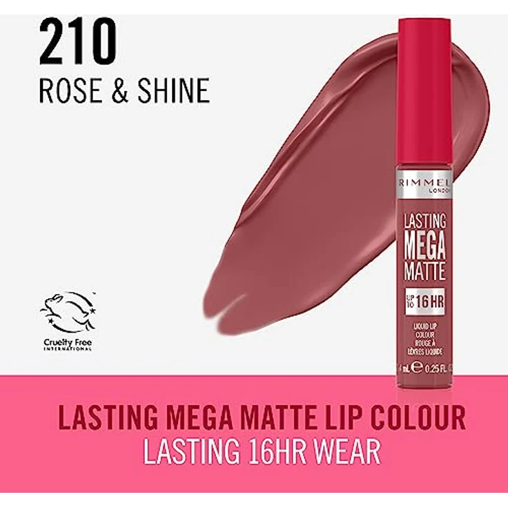 Rimmel London Flüssiger Lippenstift Lasting Mega Matte, flüssiger Lippenstift für weiche Lippen mit Finish Matte, vegane Formel mit Squalen und Kokosöl - 210 Rosen & Glanz, 7,4 ml – Bild 2