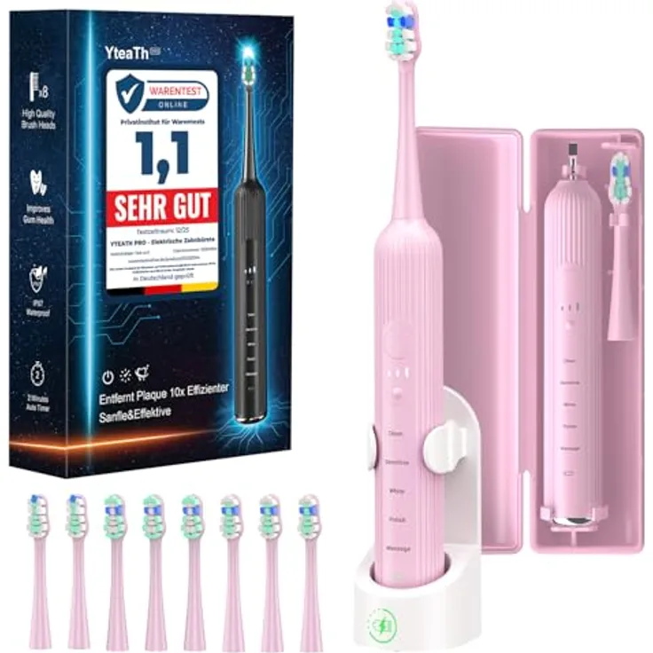 YTEATH PRO Elektrische Schallzahnbürste für Erwachsene & Kinder, 5 Putzmodi mit 3 Intensitätsstufen, 8 Ersatzbürstenköpfen & Reiseetui, wiederaufladbar, IPX7 wasserdicht