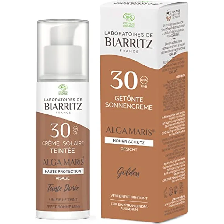 Laboratoires de Biarritz - Getönte Sonnencreme Gesicht - Gold - LSF30 ALGA MARIS® Bio-zertifiziert - Hydriert, mattiert, sorgt für ein gesundes Strahlen - 50 ml - Made in France