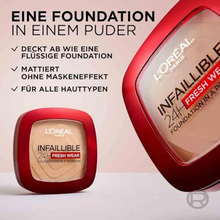 L'Oréal Paris Infaillible 24H Fresh Wear Foundation Powder, Wasserfestes Kompaktpuder mit hoher Deckkraft und mattem Finish, Farbe Nr. 130 True Beige, Doppelpack, 2x9 g – Bild 4