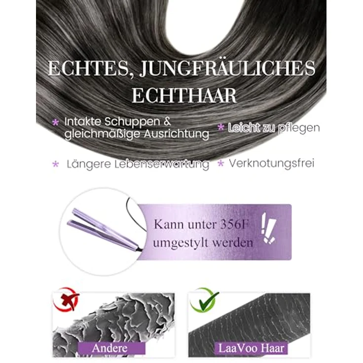 LaaVoo Microring Extensions Echthaar Micro Loop Ombre Silber, 50g Balayage Extensions mit ultrakleinen Perlen, wiederverwendbar und hitzestylingfähig – Bild 4