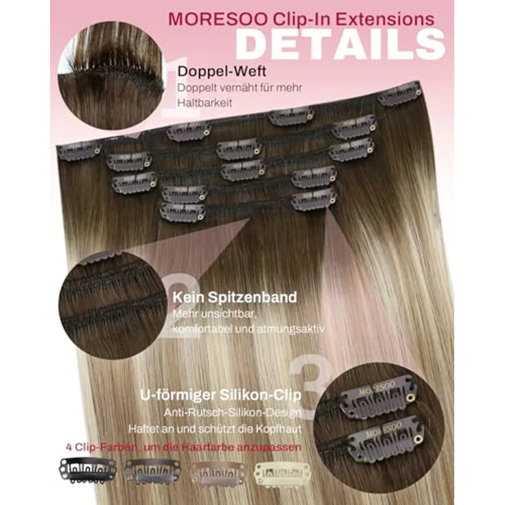 Moresoo Clip in Extensions Echthaar, 35 cm, 80g, #3/8/22 Braun bis Kastanienbraun mit Mittelblond, leicht zu tragen, seidig und glatt – Bild 4