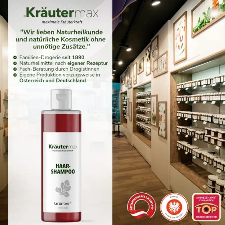 Kräutermax Grüntee Shampoo Grüner Tee Extrakt zur Reinigung der Haare 1 x 250 ml, beruhigt Talgdrüsen, verringert Nachfetten, ohne Paraffine und Vaseline, hochdosiert ohne synthetische Farbstoffe, ohne Silikonöle – Bild 5