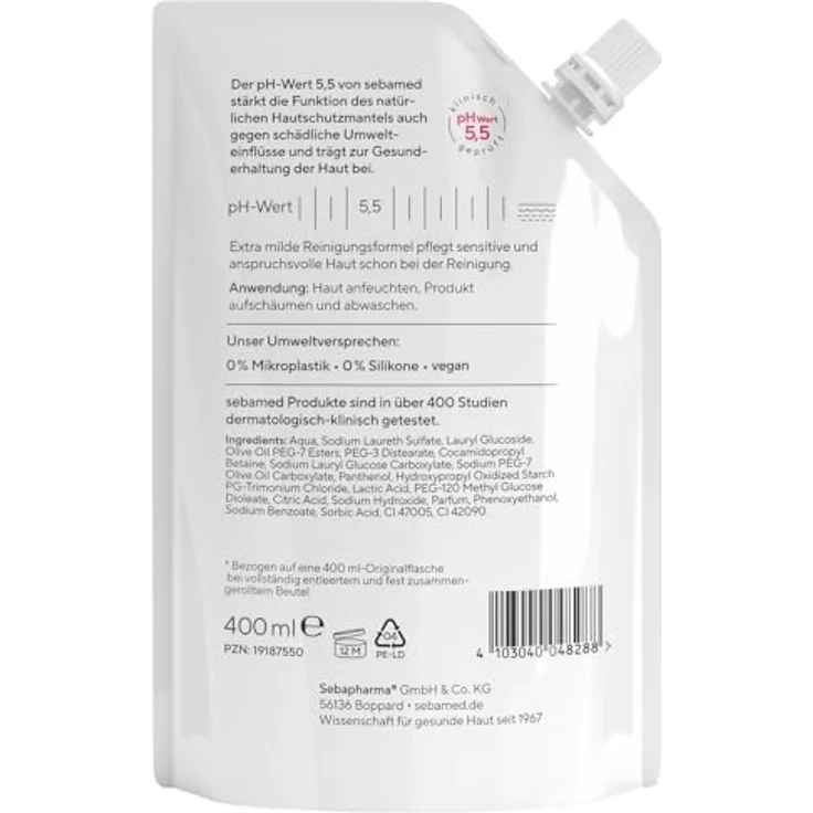 Sebamed Flüssig Wasch-Emulsion Nachfüllbeutel 400 ml, Reinigung für empfindliche und problematische Haut, hilft gegen Reizungen und Austrocknung, für Hand-, Gesichts- und Körperreinigung, umweltfreundliche Option, Made in Germany, pH-Wert 5,5, dermatologisch-klinisch getestet, vegan – Bild 2