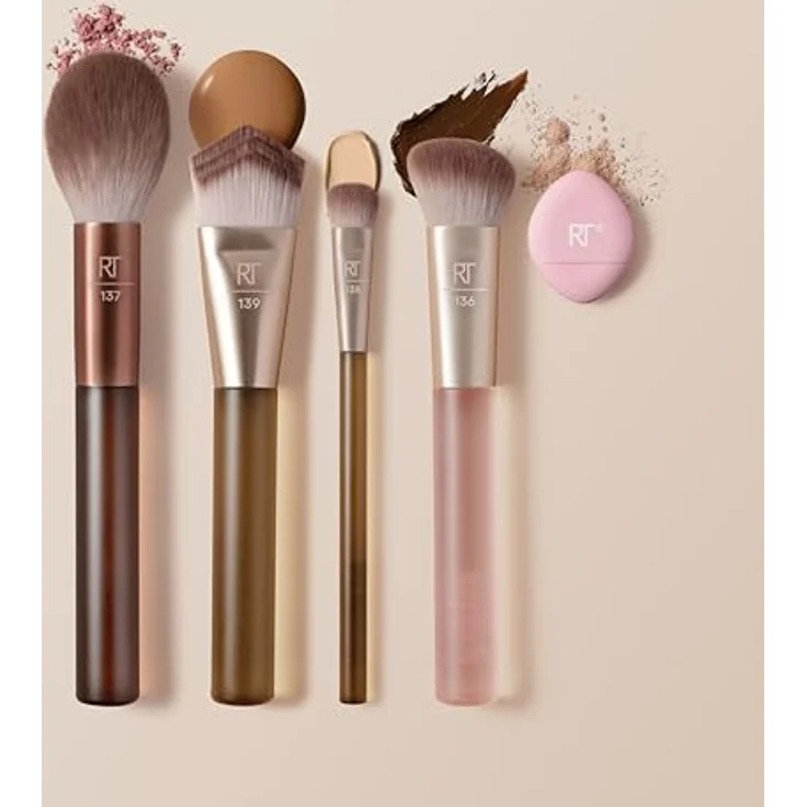 Real Techniques New Nudes Blurred Base Kit, Make-up Pinselset mit 5 hochwertigen Pinseln und veganem Schwämmchen – Bild 4