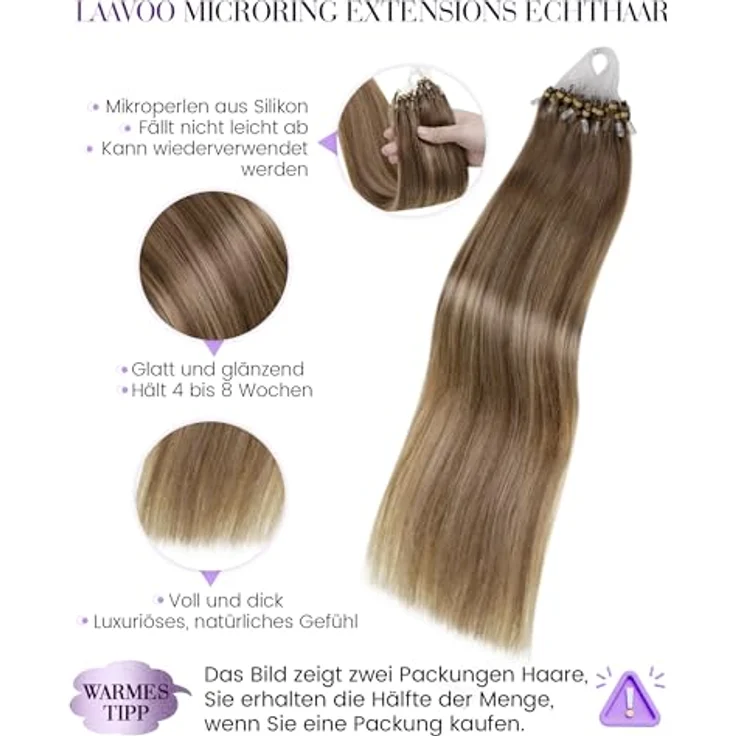 LaaVoo Microring Extensions Echthaar 50g, Balayage Braun #8/16/8, 45cm, unsichtbar mit Microring, wiederverwendbar, Remy Echthaar – Bild 2
