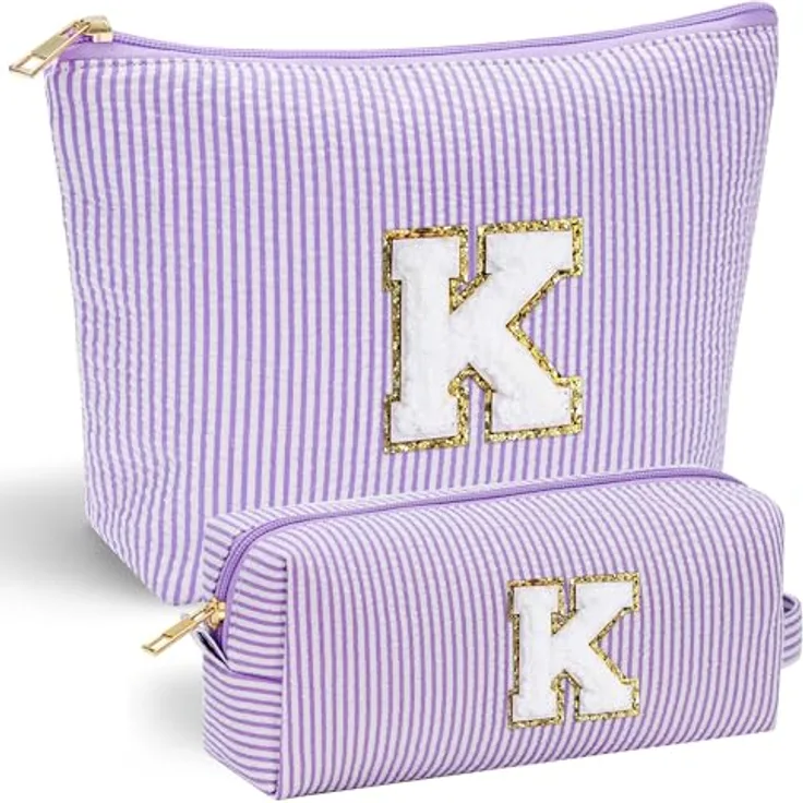 Parima Buchstaben Kosmetiktasche Mädchen, große und kleine Make-up Tasche mit personalisierbarem Chenille-Buchstaben, Blau/Lila, für Frauen und Mädchen