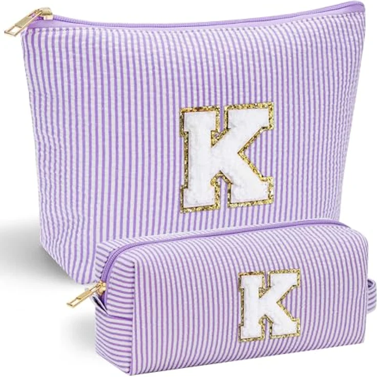 Parima Buchstaben Kosmetiktasche Mädchen, große und kleine Make-up Tasche mit personalisierbarem Chenille-Buchstaben, Blau/Lila, für Frauen und Mädchen – Bild 1