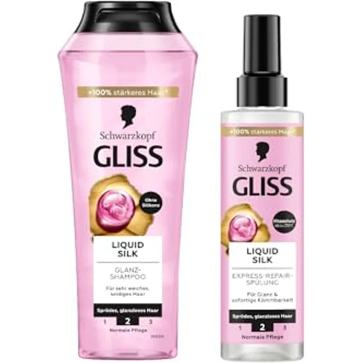 Gliss Kur Liquid Silk Shampoo (250 ml) mit Ceramiden & Seide, Glanz-Shampoo & Express-Repair-Spülung (200 ml) mit Hitzeschutz