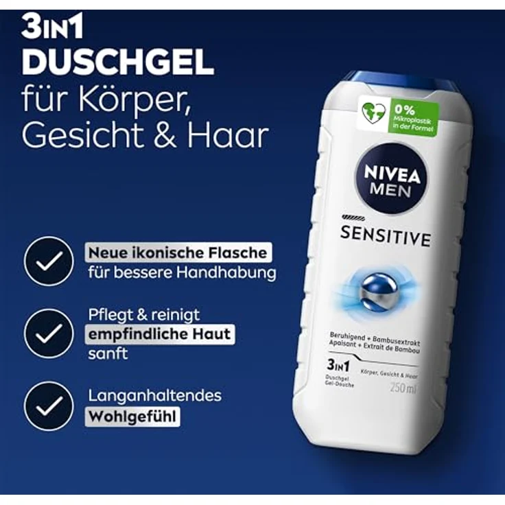 NIVEA MEN Sensitive Duschgel, pH-hautneutrale Pflege für empfindliche Haut mit Bambusextrakt, 250 ml – Bild 2