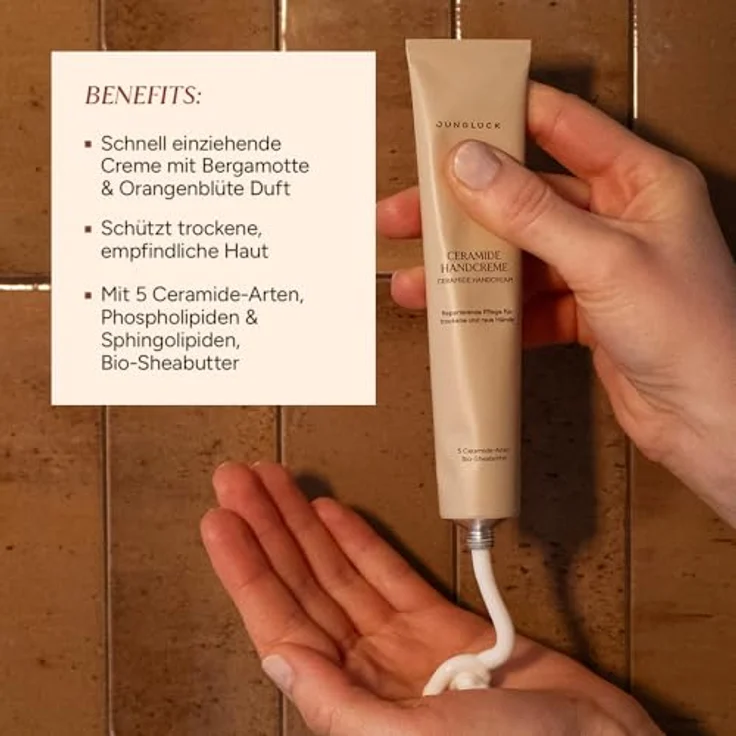 junglück Ceramide Handcreme, 5 Ceramide für trockene Hände, vegan, schnell einziehend, mit Bergamotte- & Orangenblüte-Duft – Bild 4