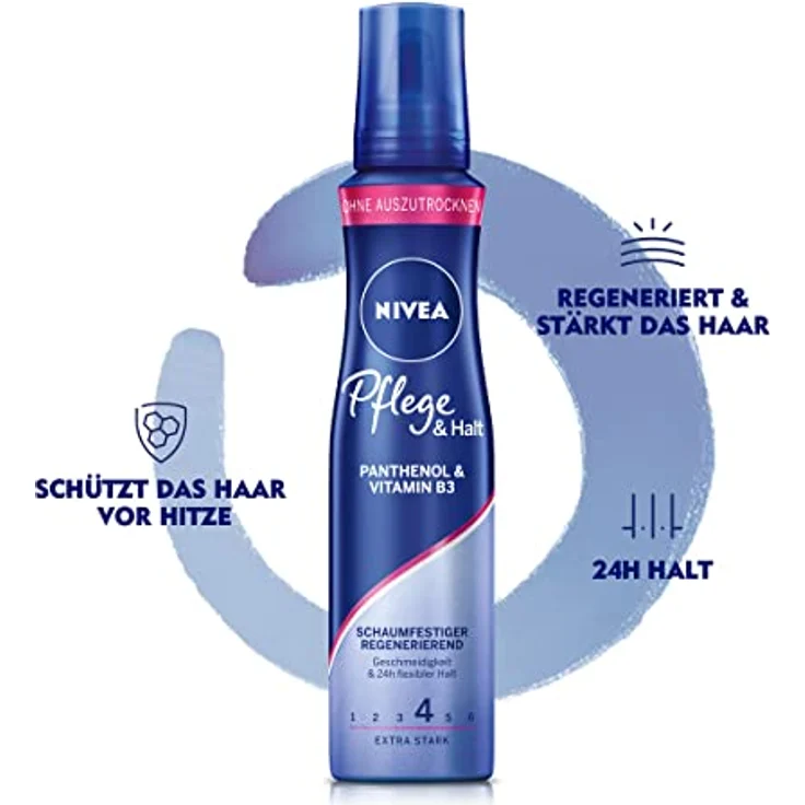 NIVEA Pflege & Halt Schaumfestiger Extra Stark (150 ml), pflegender Haarschaum mit Hitzeschutz, Panthenol & Vitamin B3, Haarfestiger für 24h Halt (Haltestufe 4) – Bild 3