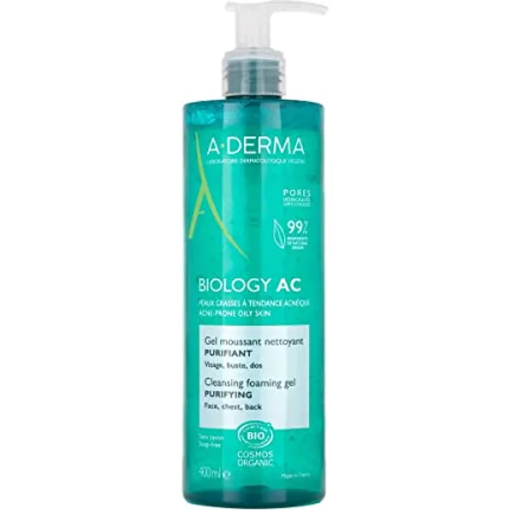 A-Derma BIOLOGY AC gel limpiador 400 ml, Gesichtsreinigung mit feuchtigkeitsspendender Wirkung, verfeinert das Hautbild, mit sanftem Blütenduft