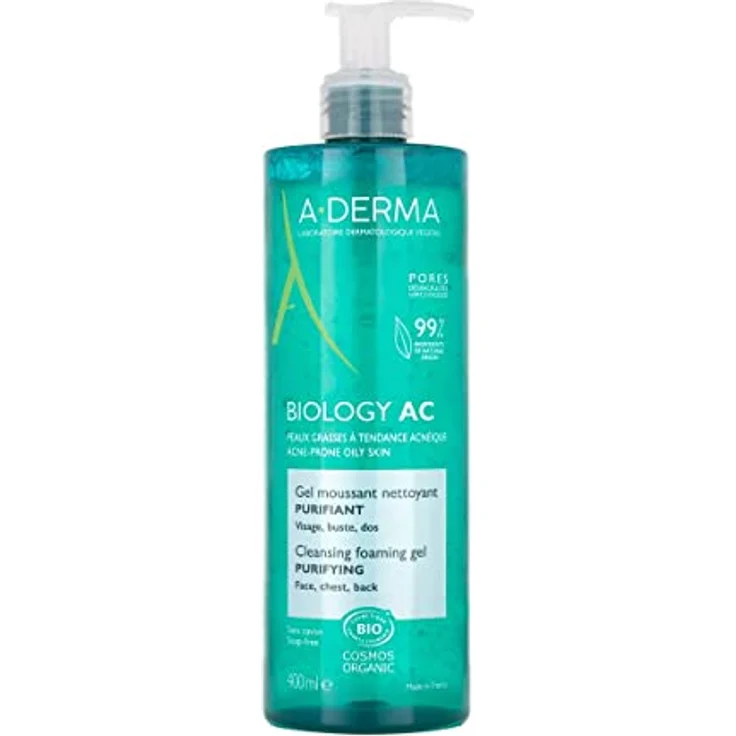 A-Derma BIOLOGY AC gel limpiador 400 ml, Gesichtsreinigung mit feuchtigkeitsspendender Wirkung, verfeinert das Hautbild, mit sanftem Blütenduft – Bild 1