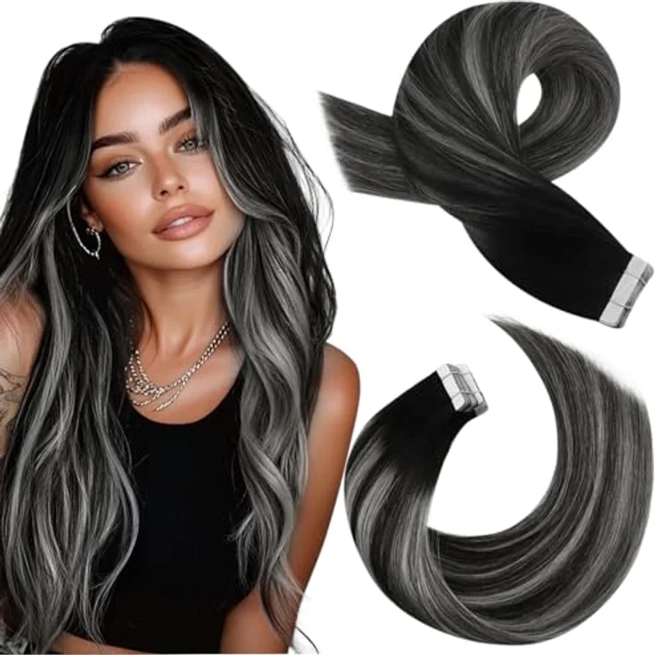 Moresoo Tape in Extensions, Schwarz Ombre Silber, 100% Remy Echthaar, 20 Stück, 50 Gramm, 55 cm, unsichtbar Skin Weft, Haarverlängerung – Bild 1