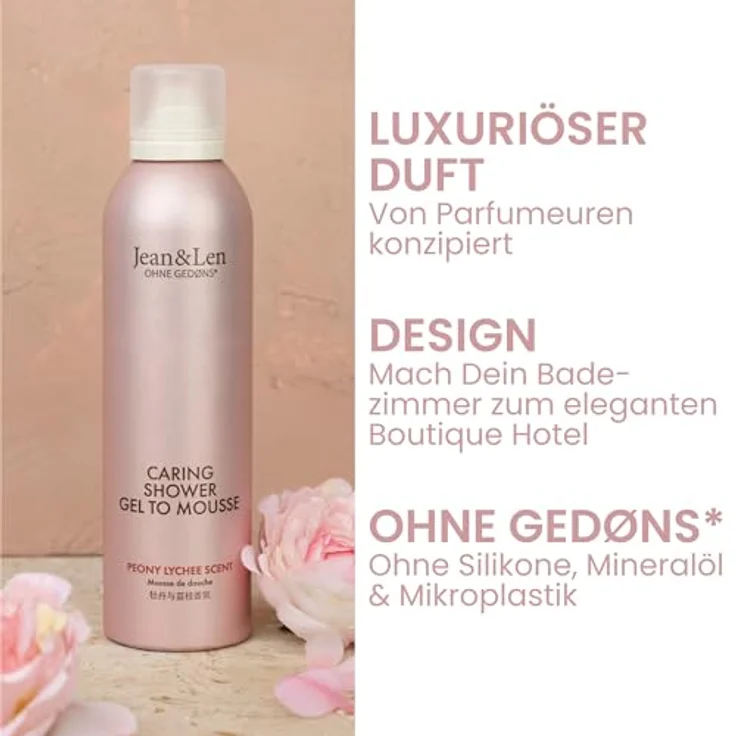 Jean & Len Caring Shower Gel To Mousse Peony & Lychee, Duschschaum mit Mandel-, Jojoba- und Babassuöl, für normale Haut, ohne Parabene & Silikone, vegan, 200 ml – Bild 2