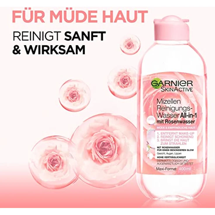 Garnier All-in-1 Mizellen Reinigungswasser mit Rosenwasser für einen besonderen Glow, Make up Entferner und Gesichtsreinigung für empfindliche Haut, Skin Active, 1 x 400 ml – Bild 3