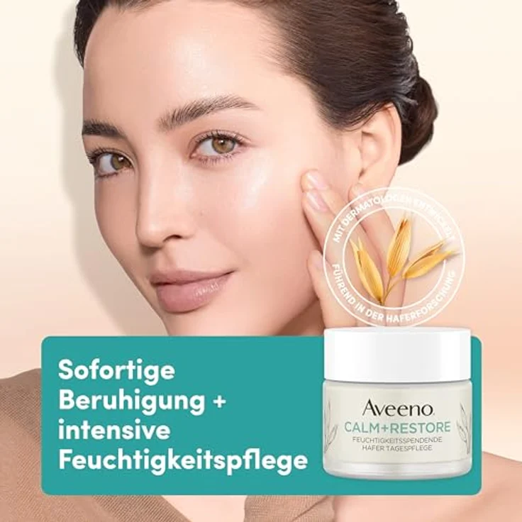 Aveeno CALM+RESTORE Feuchtigkeitsspendende Hafer Tagespflege (50 ml), parfümfreie 24 Stunden Feuchtigkeitspflege, beruhigt sofort empfindliche Haut, mit präbiotischem Hafer & beruhigendem Mutterkraut, Gel-Creme-Formel – Bild 2