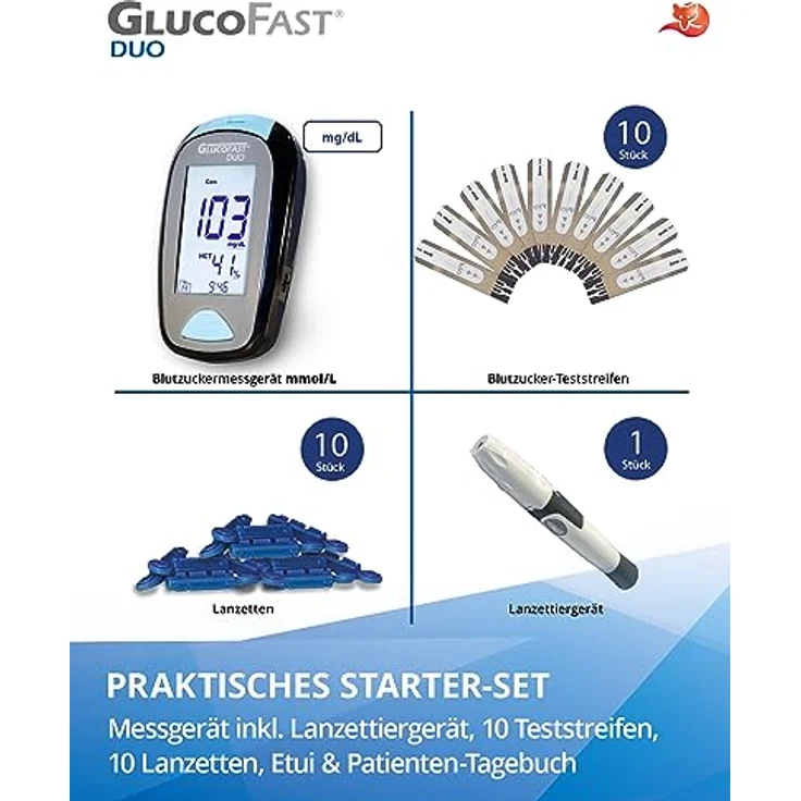 GLUCOFAST Duo Blutzuckermessgerät Starter-Set, inkl. 10 Teststreifen & Lanzetten, präzise Blutzucker- und Hämatokritbestimmung, hygienische Anwendung – Bild 5