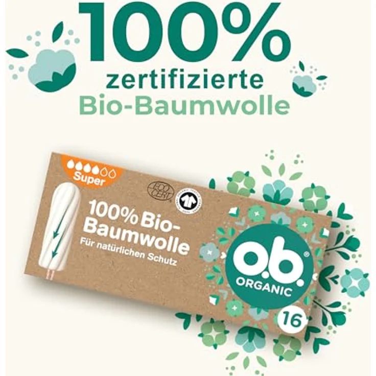 o.b. Organic Tampons Super, 100% Bio-Baumwolle, 16 Stück – Bild 1