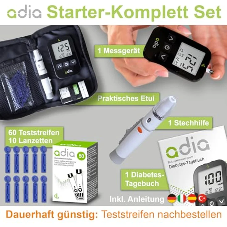 adia Blutzuckermessgerät mit 60 Teststreifen, 10 Lanzetten, Stechhilfe und Etui - genaue Messwerte in mg/dL, einfach zu bedienen, schmerzfreies Stechen – Bild 2