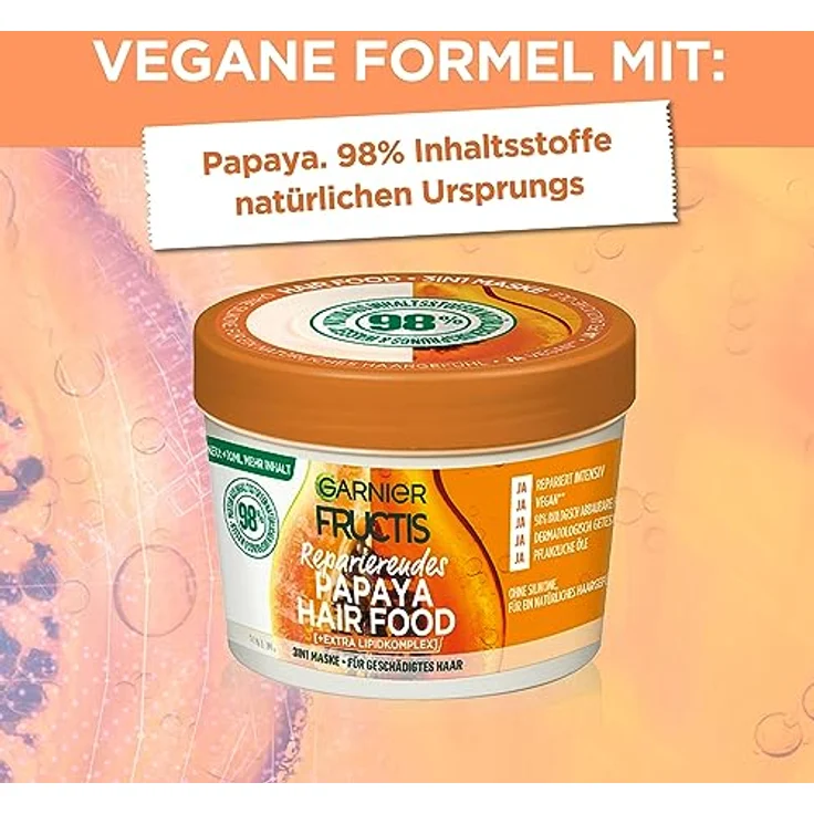 Garnier Papaya 3in1 Haarmaske für geschädigtes Haar, Leave In für intensive Pflege und Geschmeidigkeit, Vegane Formel mit natürlichen Inhaltsstoffen, Fructis Hair Food, 1 x 400 ml – Bild 4