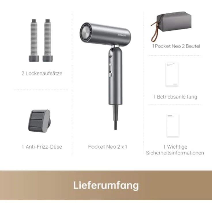 DREAME Pocket Neo 2, kompakter Haartrockner in Grau mit 1300 Watt, klappbar, Hochgeschwindigkeitsmotor, 3 Temperatur- und 2 Geschwindigkeitsstufen, intelligente Temperaturregulierung – Bild 8