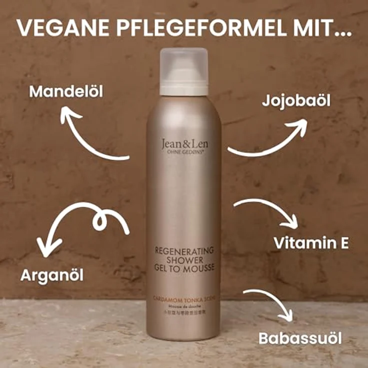 Jean & Len Regenerating Shower Gel To Mousse Cardamom & Tonka, Duschschaum mit Mandel- & Jojobaöl, vegan, 200 ml, ohne Parabene & Silikone, für normale Haut – Bild 3