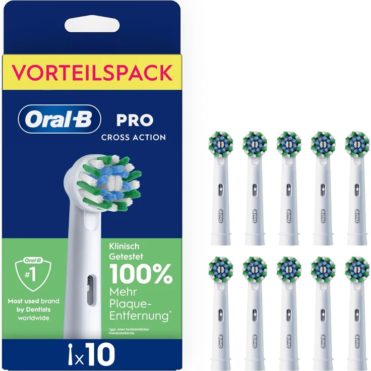 Braun Oral-B Pro CrossAction Aufsteckbürsten, 10 Stück Ersatzbürsten, klinisch bestätigt 10x bessere Plaqueentfernung, Farbe: Weiß