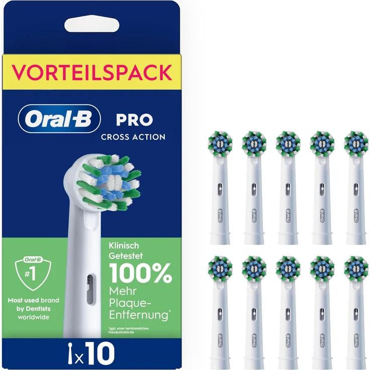 Braun Oral-B Pro CrossAction Aufsteckbürsten, 10 Stück Ersatzbürsten, klinisch bestätigt 10x bessere Plaqueentfernung, Farbe: Weiß
