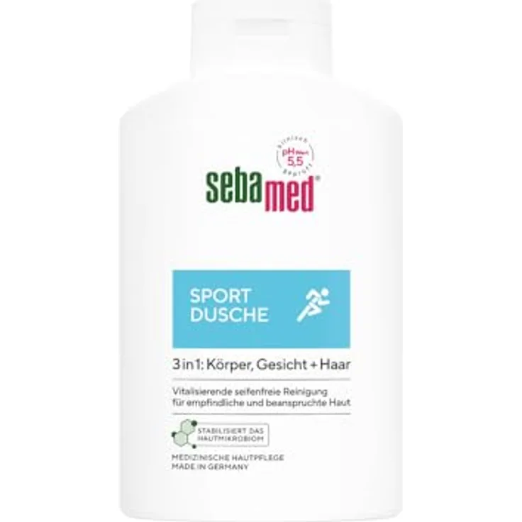 Sebamed Sport Dusche 3 in 1, 400 ml, pH 5,5, Shampoo und Duschgel für Körper, Gesicht und Haar, dermatologisch getestet, vegan, für sportstrapazierte Haut