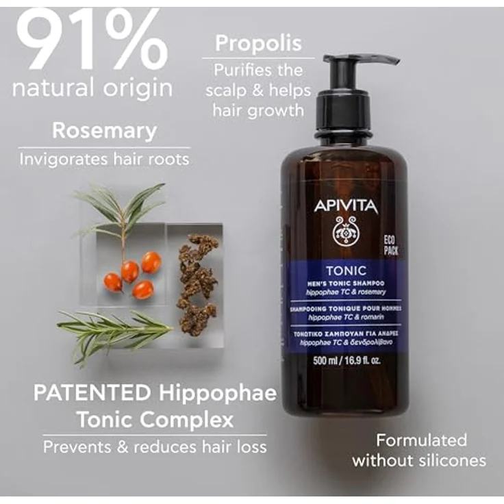 Apivita Tonic Shampoo für Männer mit dünner werdendem Haar, 500 ml – Fördert gesundes Haarwachstum, stärkt das Haar, bekämpft Haarausfall – Mit patentiertem Hippophae-Tonic-Komplex und Propolis – Bild 3