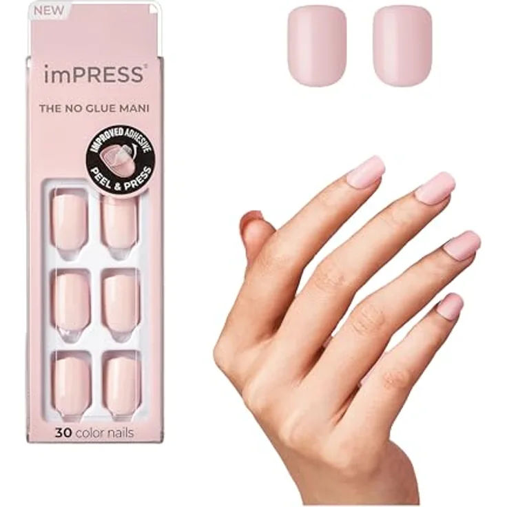 KISS imPRESS Color Short, selbstklebende künstliche Fingernägel, Pick Me Pink, 30 St. mit Gelnägel-Effekt