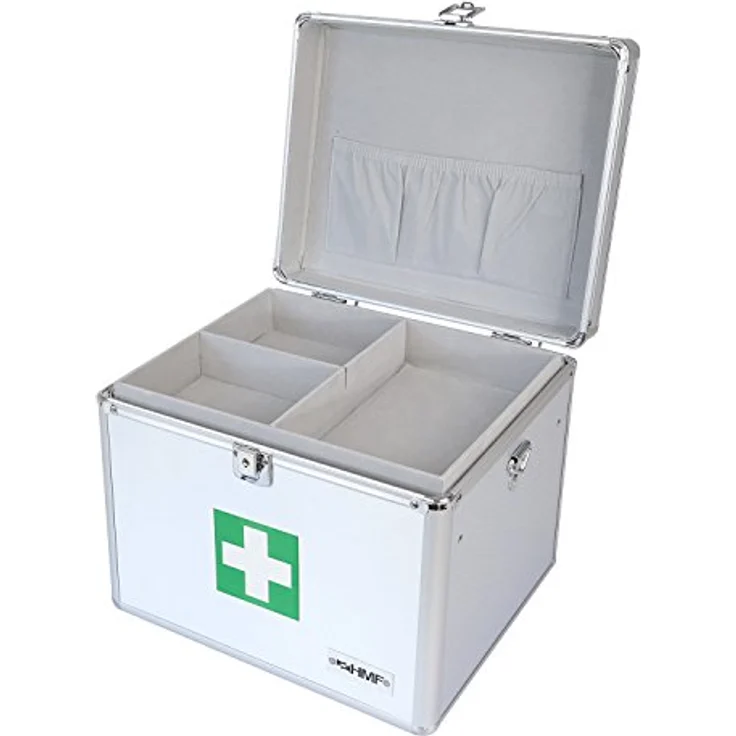 HMF 14702-09 Alu Medizinkoffer, Erste Hilfe Koffer mit Tragegriff, 4 Fächer, 30 x 25 x 25 cm, abschließbar, DIN-zertifiziert – Bild 1
