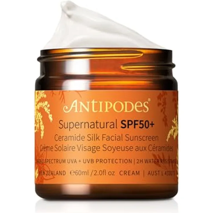 Antipodes Supernatural SPF50+ Ceramide Silk Facial Sunscreen, 60 ml, Schützende Gesichtscreme mit Zinkoxid und UVA/UVB-Schutz