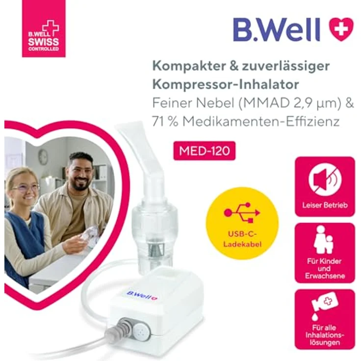 B.Well MED-120, Nebulisator mit 71,1% atembarem Anteil, akkubetrieben, inklusive Masken für Erwachsene und Kinder – Bild 2