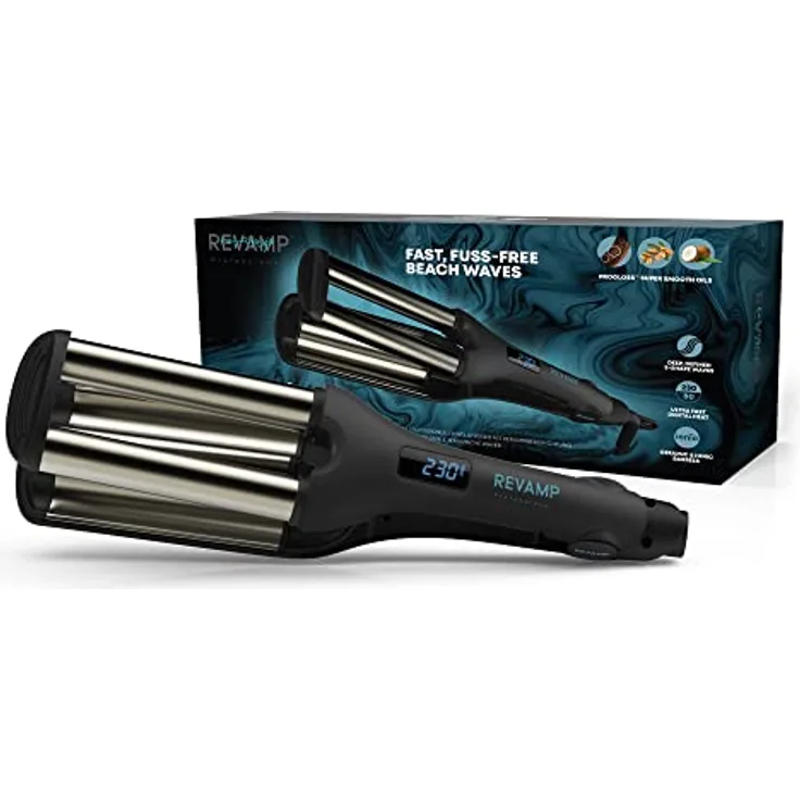 Revamp Progloss Wave Define Styler Professional, Ionen-Technologie, Zylinder angereichert mit Progloss Super Smooth Keratin, Argan- und Kokosöl, kräuselfreies Design für geschmeidige S-Wellen