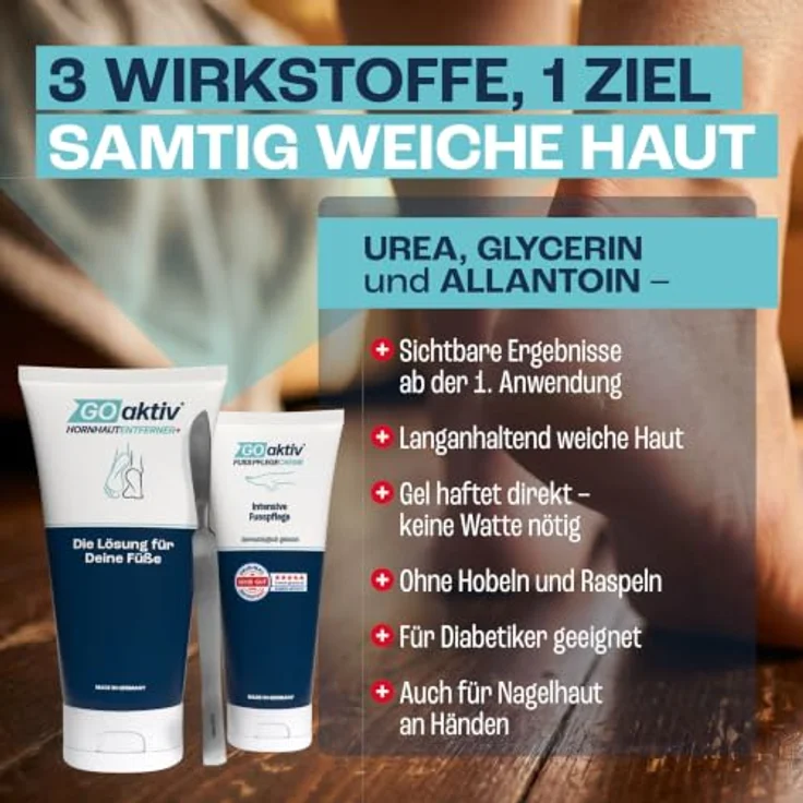 GOaktiv® Komfort Hornhautentferner Set, Gel 2x 200ml, Fußpflegecreme 2x 100ml, enthalten Hornhautschaber, dermatologisch , Made in Germany – Bild 4