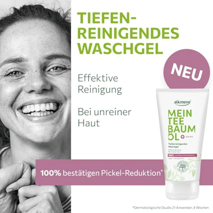 Alkmene Teebaumöl Waschgel unreine Haut 150 ml - Pickel Reduktion 100% bestätigt - Tiefenreinigende Anti Pickel Gesichtsreinigung vegan - Reinigungsgel Gesicht, Gesichtspflege, Skincare, face wash – Bild 2