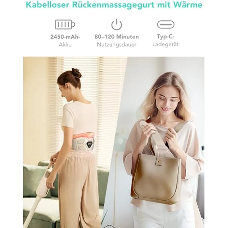 SKG W9 Pro, kabelloser Massagegürtel mit Wärme für den unteren Rücken, Puls- und Vibrationsmassage, 3 Vibrationsmodi, 9 P-Tech Programme, rot-licht mit 3-stufiger Wärme, tragbar & verstellbar – Bild 4