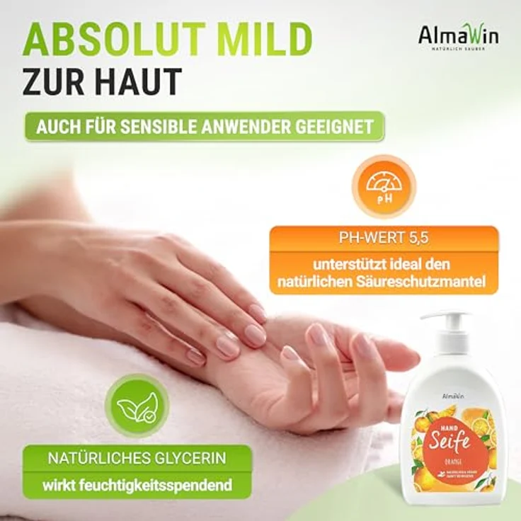 AlmaWin® Handseife flüssig mit Orangen-Duft [500ml] - Vegane Flüssigseife für sanfte Hand- und Körperpflege - Praktischer Spender - Hautmild und natürlich – Bild 3