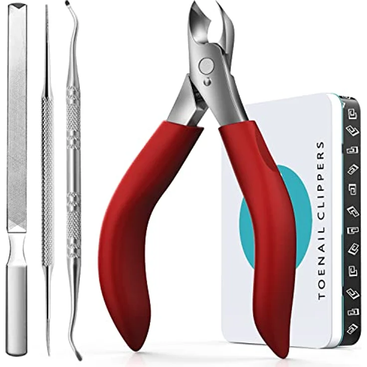 RONAVO Fußnagel Set, Nagelschere für dicke und tief eingewachsene Fußnägel mit langem Griff, inklusive Zehennagelheber und Feilen in roter Metall Geschenkbox – Bild 1