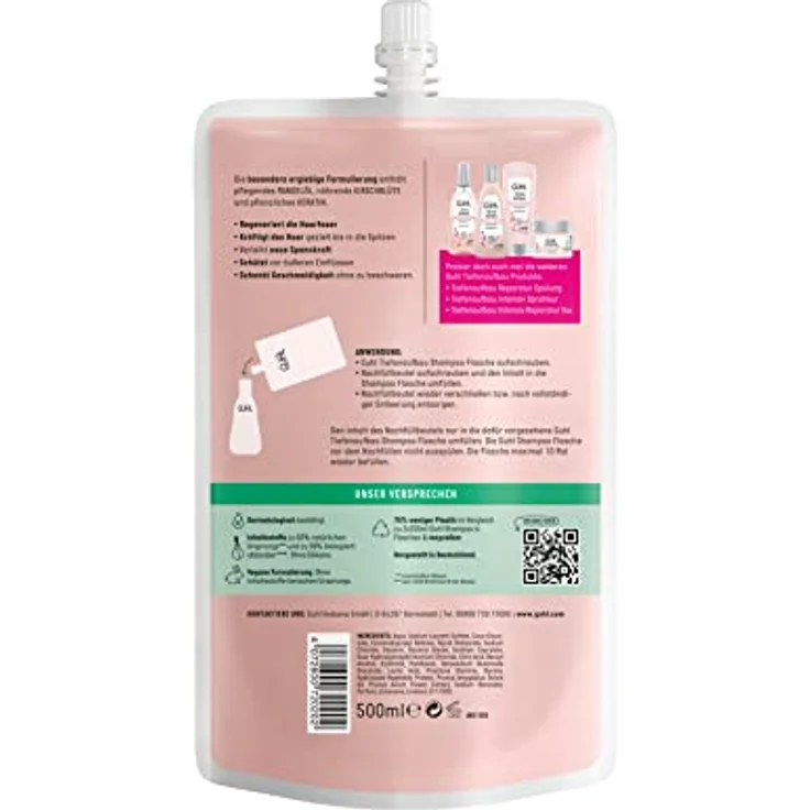 Guhl Tiefenaufbau Nachfüllbeutel 500 ml - Shampoo - Repariert die Haarstruktur - Haartyp: strapaziert, reparaturbedürftig - Ausreichend zum Nachfüllen von 2 Guhl Flaschen – Bild 2