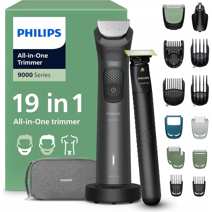 Philips All-in-One Trimmer 9000 Series MG9556/15, 19-in-1 Trimmer mit OneBlade-Technologie, Schwarz, akkubetrieben, 120 min Laufzeit, wasserdicht