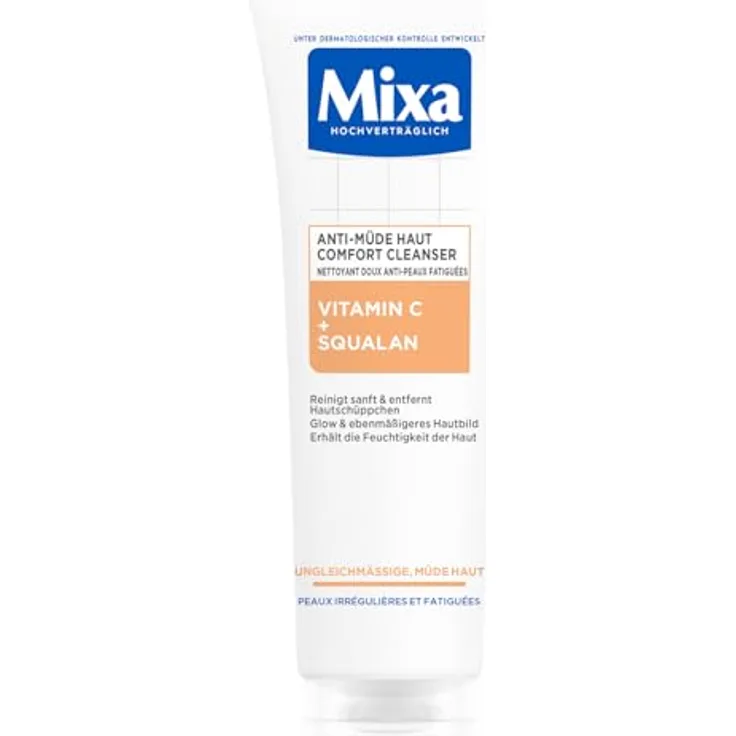 Mixa Anti-Müde Haut Comfort Cleanser, Beruhigend, Ebenmäßigere Haut, Mit Vitamin C und Squalan, Hypoallergen, 150 ml