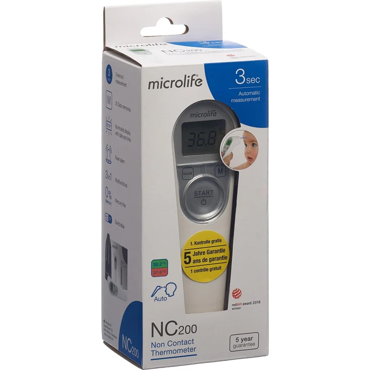 Microlife NC 200, Fieberthermometer berührungslos für die Stirn mit Selbstanzeigelampe, grau – Bild 1