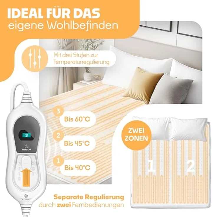 KESSER Wärmeunterbett mit Abschaltautomatik Fernbedienung Heizdecke mit 3 Temperaturstufen Wärmebettunterlage fürs Bett Matratzenheizung Wärmedecke aus weichem Vlies Heizkissen 160x140cm, Weiß – Bild 5